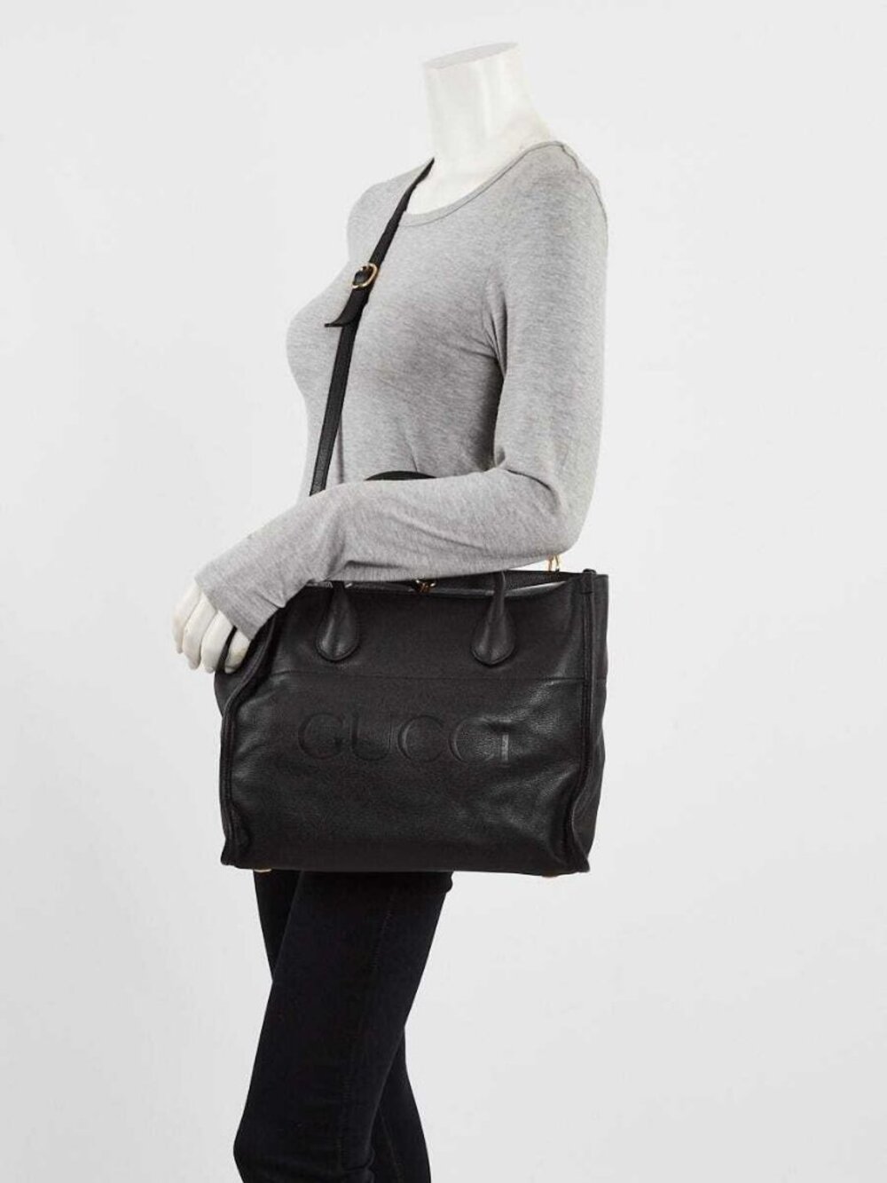 Gucci Black Pebbled Leather Small Logo Tote Bag